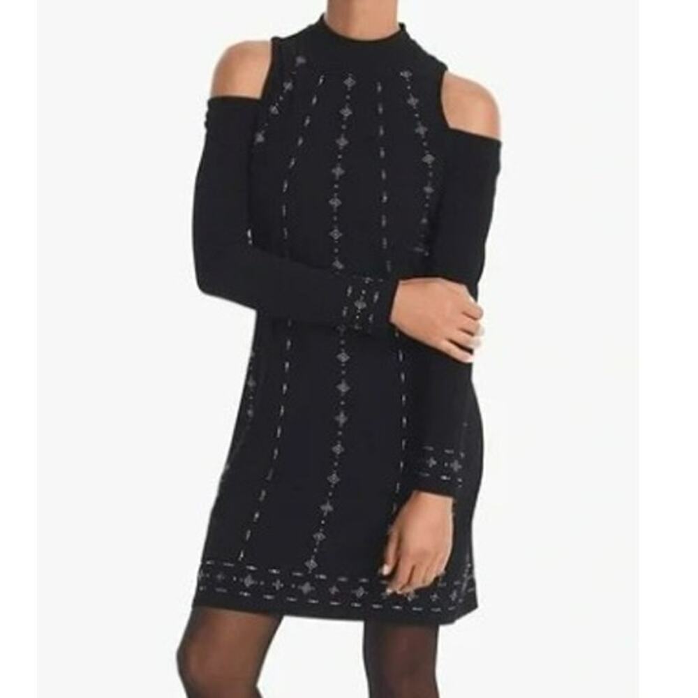WHBM Womens Cold Shoulder Shift Dress Studded Beads Cocktail Sz Small Mock Neck